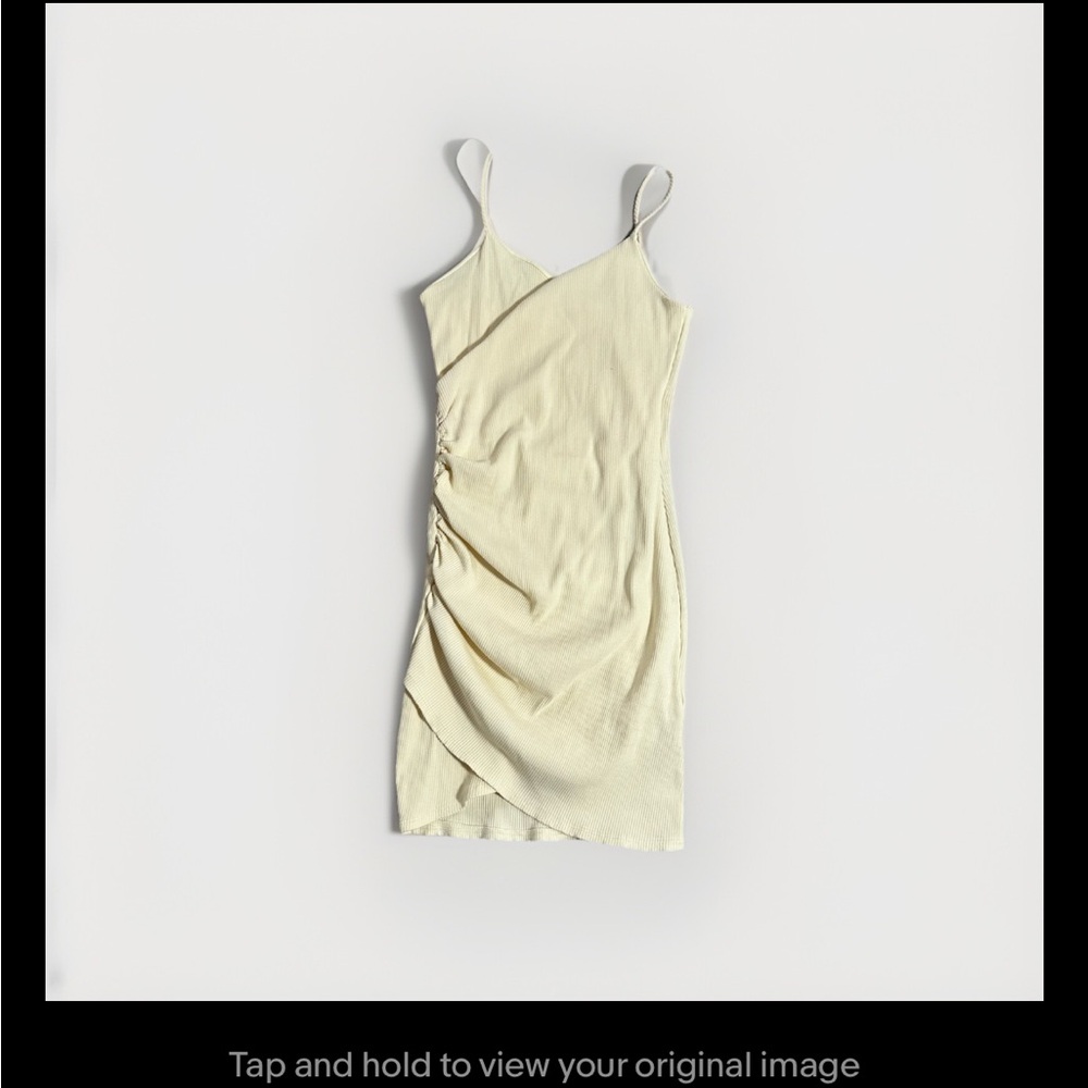Cream Ruched Asymmetrical Cocktail Mini Dress Ribbed Crossover Neck